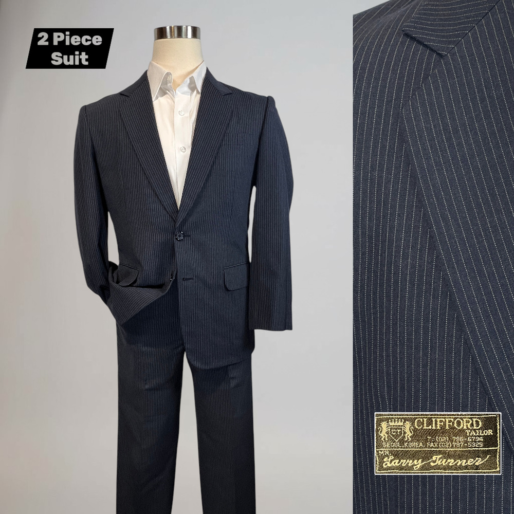 Vintage Korean Custom Made Suit 40R 36x29 Slim Navy Blue Pinstripe VIP 2000 NOTE